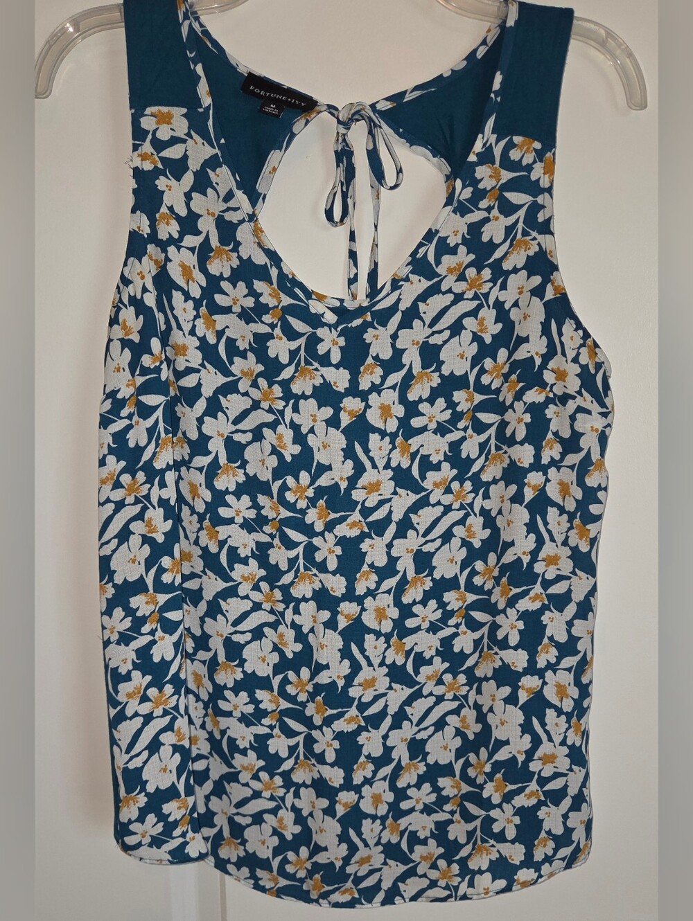 Fortune + Ivy Teal Floral Keyhole Tie Back Tank Top Medium